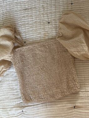 Abercrombie Smocked Puff-Sleeve Crop Top in Beige